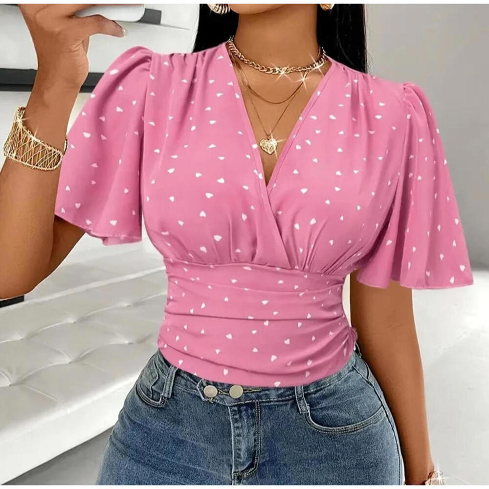 NEW Love Blouse Pink V Neck Bell Sleeve, Size Large Women Heart Top Pixie Shirt